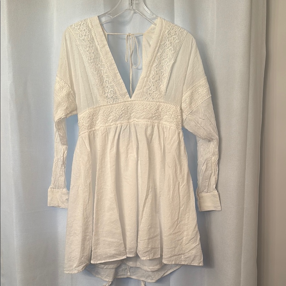 Guipure Lace Panel Swiss Dot Tied Back Plunge Dress